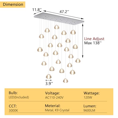 Image of 24-Lights Modern Rectangular Crystal Chandelier LED Raindrop Ceiling Pendant Light Crystal Lighting Fixture for Living Room Hotel Staircase Hallway Foyer Entryway Bedroom Silver