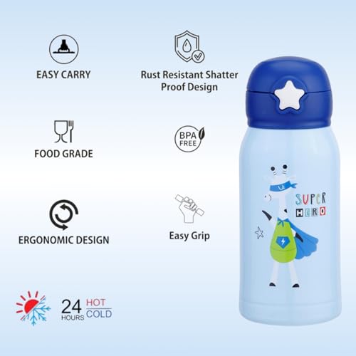 Image of Clay Craft Vacbott Vaccum Bottle, Kids Double Walled 18 Hours Hot and 24 Hours Cold Water Bottle, 550ml (Super Hero) Steel Water Bottles for School, Office, Home, Gym, Leakproof, Steel Bottle