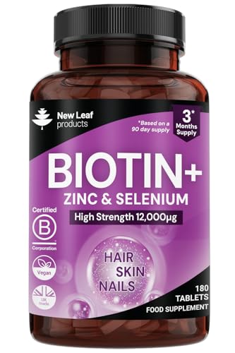 Biotin Hochdosiert für Haarwachstum, 12.000 mcg Tabletten mit D Biotin Zink Selen – Vegan für Haut Haare Nägel – Hochwirksame Haar Vitamine, 3-Monats-Vorrat - New Leaf