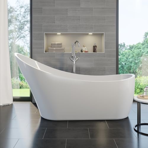 BAYSTONE® 1650 x 690mm Freestanding Slipper Design Bath Tub White Gloss Acrylic Luxury Curved for Bathroom Modern Includes Waste