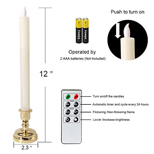 DRomance Ivory Flameless LED Window Taper Candles Battery Operated with Remote and Timer Dimmable Flickering Light Dinner Wedding Christmas Holiday Decor LED Candles(6 Pack Gold Holder Included) by DRomance - Image 2