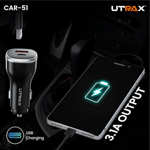 Image of UTRAX 51W Fast Car Charger with 33W PD & 18W QC | Dual Port All Protocol Charger for Car | Type-C Power Delivery & USB Quick Charge | Black | 1 Year Warranty (51W (with Type C to Type C Cable))
