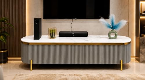 Image of Mazzo Modern TV Unit /Console - 70 inchx12 inchx18 inch White Marble Top with Golden Acrylic, Waterproof Plywood & Charcoal Louvers - Media Cabinet | Modern TV Stand Console Without Storage (Gray)