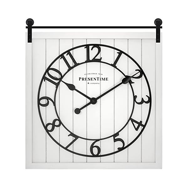 PresenTime & Co Farmhouse Barn Door Clock, Shiplap Style, White Color, Silent No Ticking, 3D Arabic Numeral, 23" H x 21" W