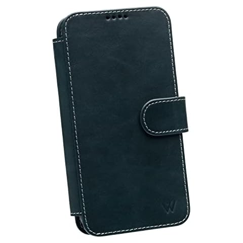Wilken Wallet Case with Detachable Magnetic Phone Case Compatible with iPhone 14 Plus | Compatible with MagSafe & Wireless Charging | Top Grain Leather | Custom Metal Buttons (14 Plus, Blue) Cover