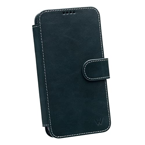 Wilken Wallet Case with Detachable Magnetic Phone Case Compatible with iPhone 14 Plus | Compatible with MagSafe & Wireless Charging | Top Grain Leather | Custom Metal Buttons (14 Plus, Blue) by W WILKEN - Used condition - US$12.70