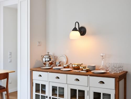 Image of Phansthy Vintage Brass Boho Wall Sconces, Hardwired Wall Lights with Tulip Glass Lampshade, Brass Vanity Lamp Modern Wall Lighting Fixtures for Bedroom, Living Room, Hallway (Black + White Shade)