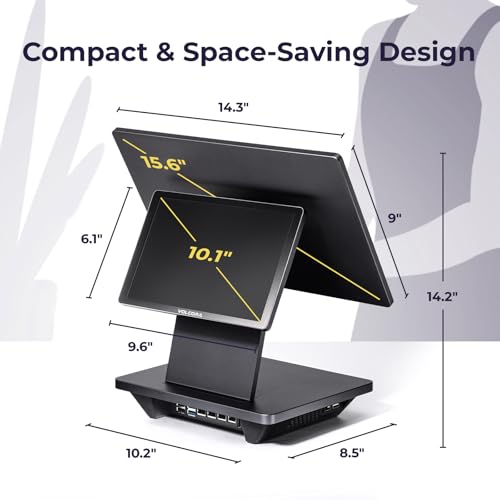 Volcora Retail and Restaurant POS Terminal Machine for Small Business, Point of Sale Cash Register with Windows 11 Professional, 15.6” & 10.1” Dual Touch Screen, Gray, Hardware Only
