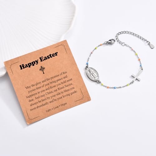 Image of Cross Beaded Bracelet for Girls - Easter Gifts Catholic Religious Christian Jewelry Decorations Easter Egg Stuffers for Kids Goddaughter