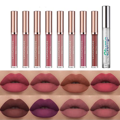 Liquid Lipstick Set, 8Pcs Matte Liquid Lipstick + 1Pcs Lip Plumper Makeup Kit, Long Lasting Pigmented Waterproof Velvet Lip Gloss Set Nude Lip Tint Lip Makeup Gift Sets