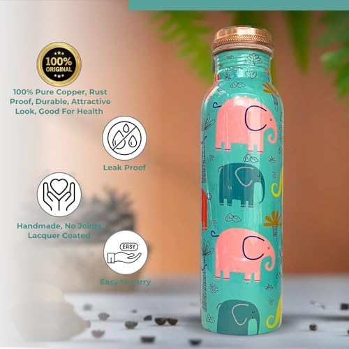 Image of Copper Water Bottle 1 Ltr | Copper Water Bottle with Glass Set | Meena Work | 100% Pure | Leak-Proof | 2 Water Glass 300ml each | Best for Gifting ((Seafoam Blue Design))