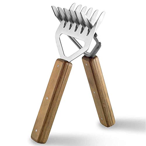 HUAXIAO Meat Claws Bear Claws Metal Meat Claws Stainless Steel Meat Forks with Long Wooden Handle for Shredding 2 Pieces BBQ Claws for Brisket Turkey Chicken