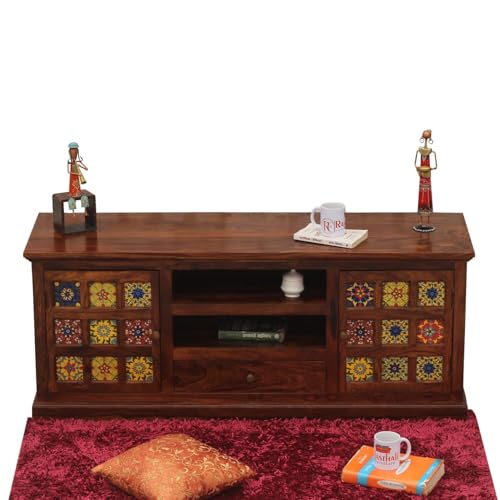 Image of Solid Wood TV Unit for Living Room 55 Inch Furniture - Wooden TV Unit with Storage Cabinet with 1 Drawr, 6 Shelves Wooden TV Cabinet for Living Room - Fits up to 55-Inch TV (Bennett)