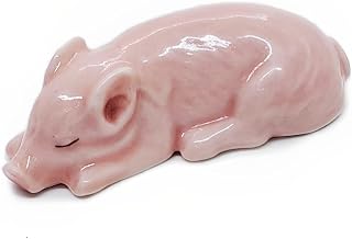 WitnyStore Tiny 1¾" Long Pink Sleeping Baby Pig Figurine - Miniature Hand Made Painted Ceramic Pigs Swine Hog Piglet Livestock Farm Animals Cute Porcelain Decorative Collectible Figures Décor Gifts