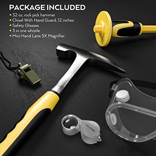 Incly 5 Pcs Geology Rock Pick Equipment Kit, 32 Oz. Rock Hammer With 12" Mason Concrete Chisel, Safety Glasses, Whistle, Jewelers Loupe, Tool Set For Hounding,Gold Mining & Prospecting, Stone Breaking #TOP6