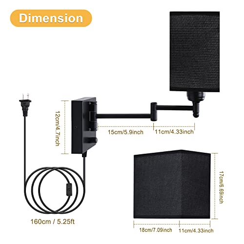 Lightess Bedside Wall Sconce, Swing Arm Wall Lamp With Plug In Cord Set Of 2 Dimmable Bedside Wall Lamps Square Wall Light Fixtures W/Black Fabric Shade For Living Room Bedroom Hallway #TOP5