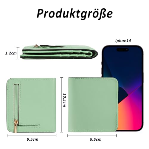 TANTOMI Geldbeutel Damen Klein, Portemonnaie Damen Klein aus Kunstleder mit Mehreren Kartenfächern, Mini Wallet für Kreditkarten, Geldscheine, Münzen(Hellmint).
