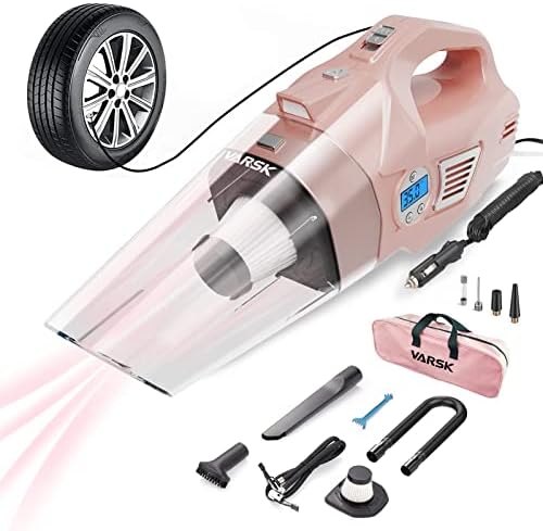 VARSK 4-in-1 Car Vacuum Cleaner, Tire Inflator Portable Air Compressor with Digital Tire Pressure Gauge LCD Display and Light, 12V DC, 15FT Cord, Pink Car Accessories for Women, Birthday Gifts for Her