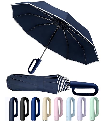 SIEPASA Travel Umbrella with Carabiner Handle - Windproof 10 Ribs Auto Open/Close for Rain & Sun Protection, Compact Portable Clip-on Backpack Design with Safety Reflective Strip.(Navy Blue)