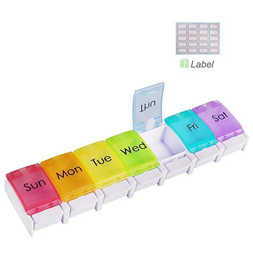 HONZUEN Pastillero Semanal 1 Tomas con Etiquetas, Pulsador Organizador Dispensador de Pastillas con 7 Compartimentos, Sin BPA Organizador de Medicinas, Colorido Pastillero Organizador de Viaje