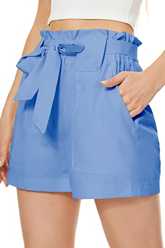 Kingfen Womens Shorts For Summer High Waisted Belted Bowknot Beach Shorts For Women Plus Size Womens Athletic Shorts Hiking Elastic Comfy Shorts With Pockets Workout Shorts Womens Blue L #TOP12