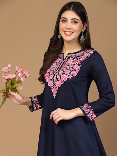 Image of QAZMI Women's Naila Kashmiri Aari Embroidered Viscose Rayon Full Sleeves A-Line Short Kurti