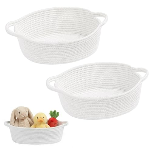 Image of Rudfovn White Woven Storage Basket, 2 Pcs Small Cotton Rope Woven Storage Baskets with Handle for Towel, Easter Egg, Pet Supplies