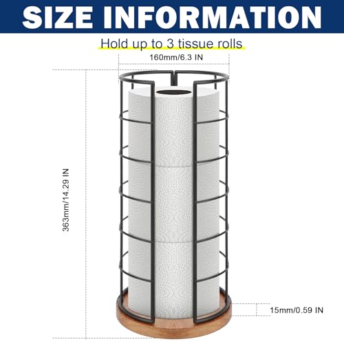 NearMoon Toilet Paper Organizer Stand, Freestanding 3 Rolls Tissue Storage, Metal Bathroom Accessory, Rustproof Toilet Roll Holder for Kitchen Countertop Inside Cabinet Shelf(Wooden Base, Matte Black)