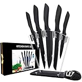 HISSF Chef Knife Set 7 Piece,Black High Carbon Stainless Steel Kitchen Knife Sets with Block Acrylic, Knife Block Set with Knife Sharpener Professional,Non Stick Coating for Rust Proof and Sharp