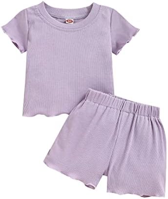 2Pcs Toddlers Baby Girls Summer Clothes Set Ruffle Ribbed Knit Short Sleeves T-Shirt Tops Shorts Cotton Outfits