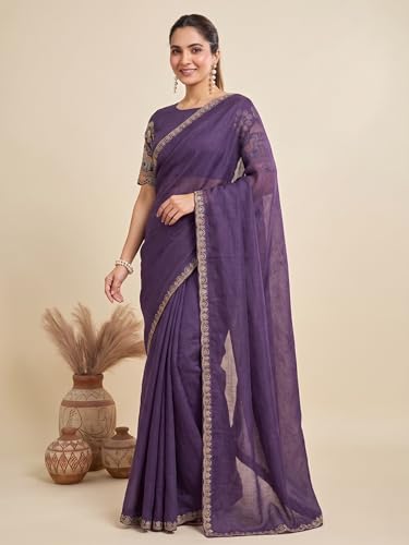 Image of Women's Saree with Heavy Embroidered Blouse & Border, Designer saree for Women
