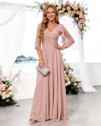 Image of Women Bridesmaid Dresses with Sleeves for Wedding V Neck Chiffon Long A Line Pleated Formal Evening Gown
