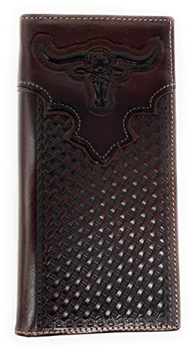 Western Genuine Leather Longhorn Tooled Laser Cut Men's Long Bifold Wallet in 6 colors (Coffee/Coffee)