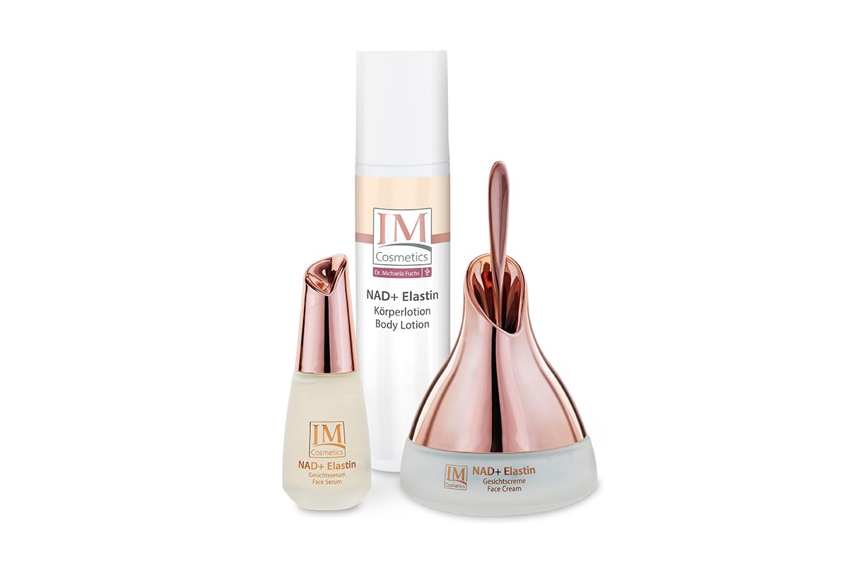Genius IM Cosmetics NAD+ Elastin intensiv Gesichtspflege 3‑tlg. – Anti‑Aging Serum, Creme & Körperlotion – Anti Falten, straffend & glättend – für empfindliche Haut Geschenkset Dr. Michaela Fuchs