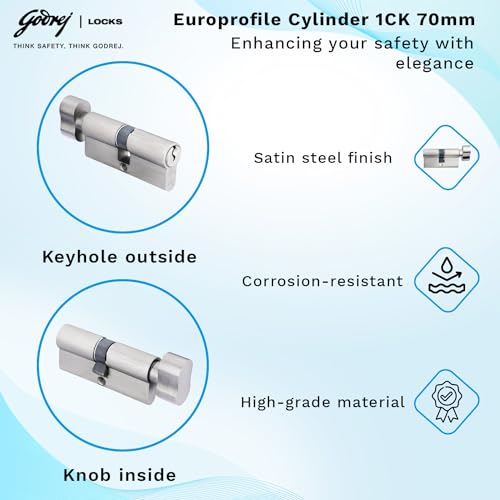 Image of Godrej Cylinder | Eco Pin Cylinder | 1CK 70mm | Satin Steel Finish | Door Thickness Upto 50mm | 3 Keys