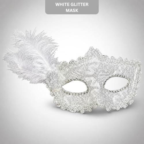 Image of Wanna Party White Glitter Masquerade Eye Mask with Feather | Elegant Costume Party Accessory for Halloween, Carnival, Theme Party & Celebration Events | Lightweight Fancy Dress Mask