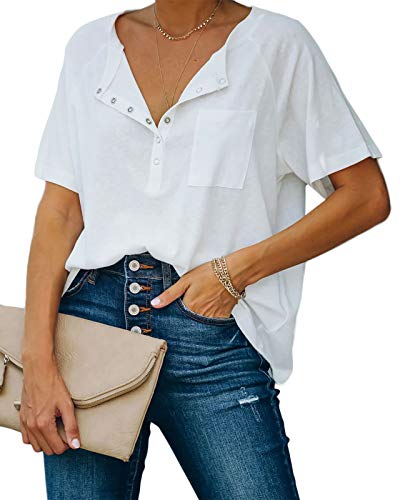 Eurivicy Women's Short Sleeve Henley Tee Loose Half Button Down V Neck Shirts Blouse Tops with Pocket