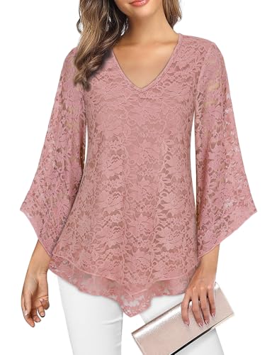 Gemulate Ladies Tops Blouses for Women UK Women Tops Ruffle 3/4 Sleeve Tunic Tops V Neck tops Chiffon Overlay for Women UK Blouses Shirts Floral Double Layered Tops - Pink Lace Floral, L