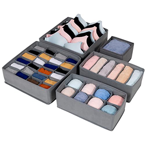 Drawer Underwear Organizer Divider Fabric Foldable Dresser Storage Basket Organizers And Storage Bins For Storing Bra Ties Lingerie Undies Sock Panty Belts Clothes Scarves (5 Pack Grey) #TOP5