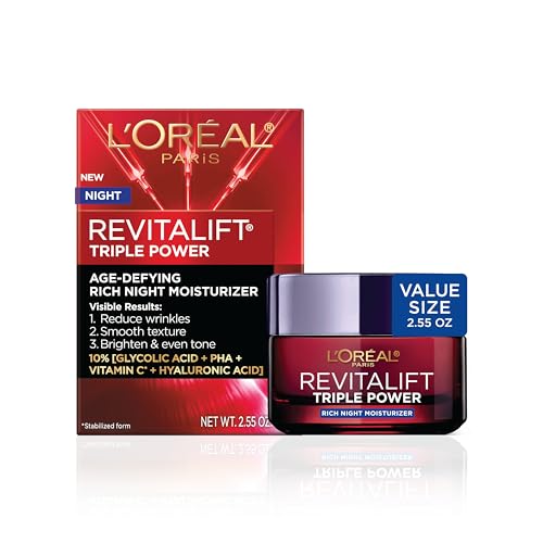 L'Oreal Paris Revitalift Triple Power Rich Night Cream, Anti Aging Moisturizer With Glycolic Acid, Vitamin C & Hyaluronic Acid, Visibly Smooths Texture, Reduces Fine Lines & Evens Skin Tone, 2.55 oz