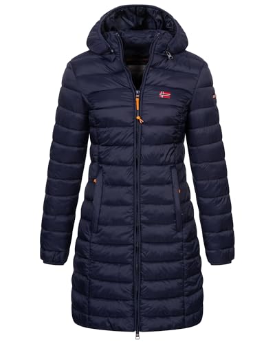 Geographical Norway Damen Winter Jacke Steppjacke Parka Lange Kapuzenjacke Steppmantel Outdoor abnehmbare Kapuze, Farbe:Navy, Größe:M (38)
