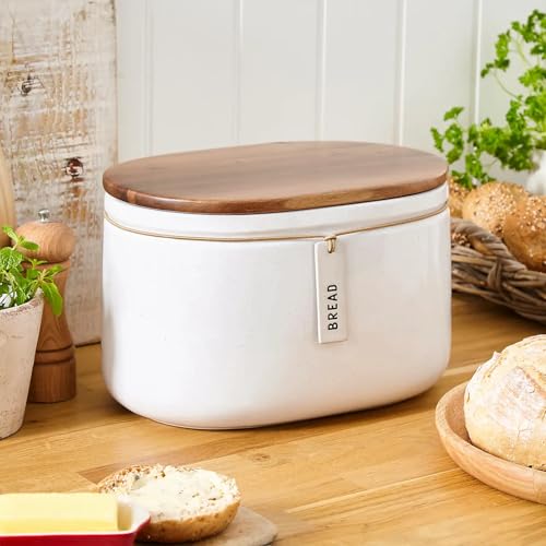 Durable Stoneware Vintage Cream Speckled Hang Tag Bread Bin - Keep Your Bread Fresh and Organised with a Retro Touch for Your Kitchen Decor - M04