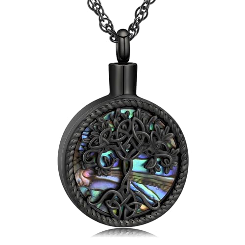shajwo Cremation Jewelry Tree of Life Urn Ashes Necklace for Women Men of Loved One Abalone shell Ash Pendant Keepsake Memorial Jewelry,Black