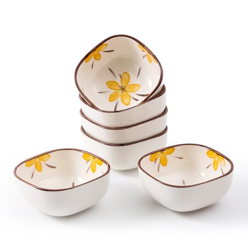 YumiPLUS Ceramic Dipping Bowls Set of 6, 5OZ Small Soy Sauce Dishes, Japanese Style Square Pinch Bowls for Sushi Sauce Ketchup BBQ, Oven Microwave Dishwasher Safe, 3.6Inch (Yellow Daisy)