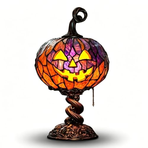 MaMiDay Stained Glass Halloween Pumpkin Table Lamp Jack-O-Lantern Night Light Vintage Style USB Powered Desktop Decorative Ornament (Stained Glass Pumpkin)
