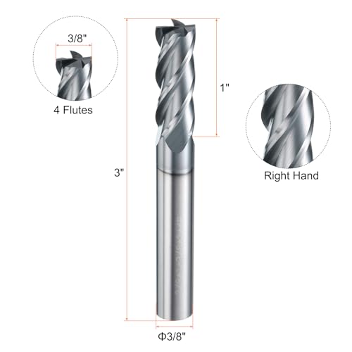 Image of HARFINGTON Carbide Square Nose End Mill Bit 3 /8 inch Cut Dia 4 Flutes TiAlN Coated Milling Cutter for Hardened Steel Metal (3 /8 inch Shank 1 inch Cut Length 3 inch Long 30 Degree Helix HRC53-55)