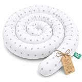 Totsy Baby Cuscino XXL a Forma di Serpente per Letto, Cuscino da Allattamento, Cuscino Decorativo, Protezione per Il Bordo del Letto, paracolpi XL Stelle Grigie su Bianco 150 cm Certificato Oeko-Tex