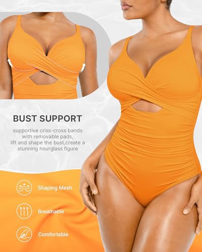 Image of SHAPELLX Tummy Control Swimsuits Women V Neck One Piece Bathing Suit Ruched Push Up Slimming Swimwear Built-in Bra