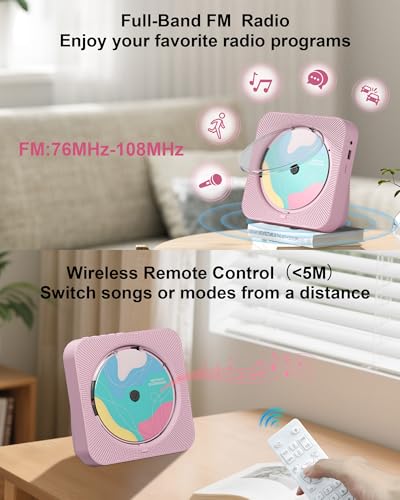 CD Player Portable with Bluetooth 5.1Desktop CD Player with HiFi Sound Speakers,Remote Control,Dust Cover,LED Display,Boombox FM Radio,USB/AUX for Home (Pink)