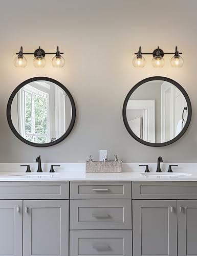 Image of DORESshop 3-Light Black Bathroom Light Fixtures Over Mirror with Clear Globe Glass Shade, Modern Vanity Lights for Bathroom Mirror Living Room Bedroom, ETL Listed
